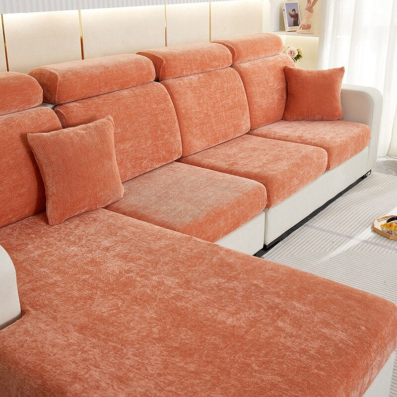 Anyseat L‑Shape Sofa Cover Rustic Orange Chenille Polyester Thick Stretchable Cushion Protector for Living Room