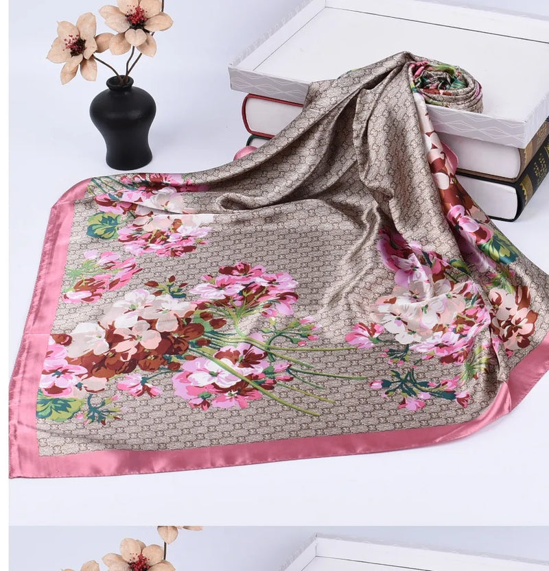 Anyyou Scarf for Women Floral Pink Print Square Silk Shawl For Summer Spring And Fall