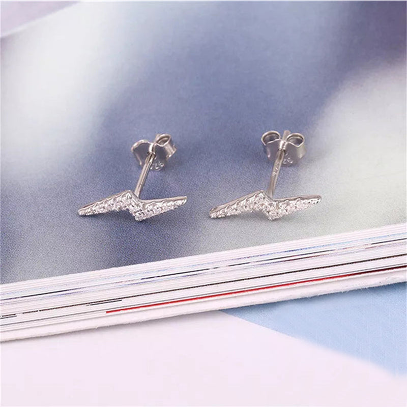 ANYCO Earrings Sterling Silver Minimalist Pavé White Zircon Lightning Small Stud For Women Teen Fashion Stylish Accessories Jewelry Gifts