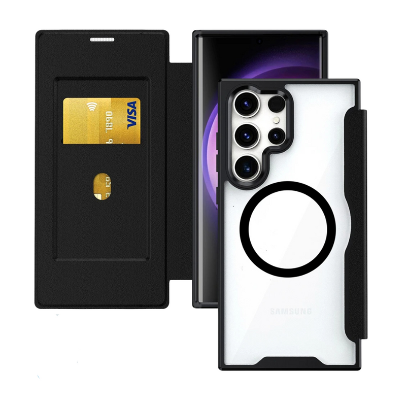 ANYMOB Samsung Case Black Clear Magsafe Leather Flip Protective Cover