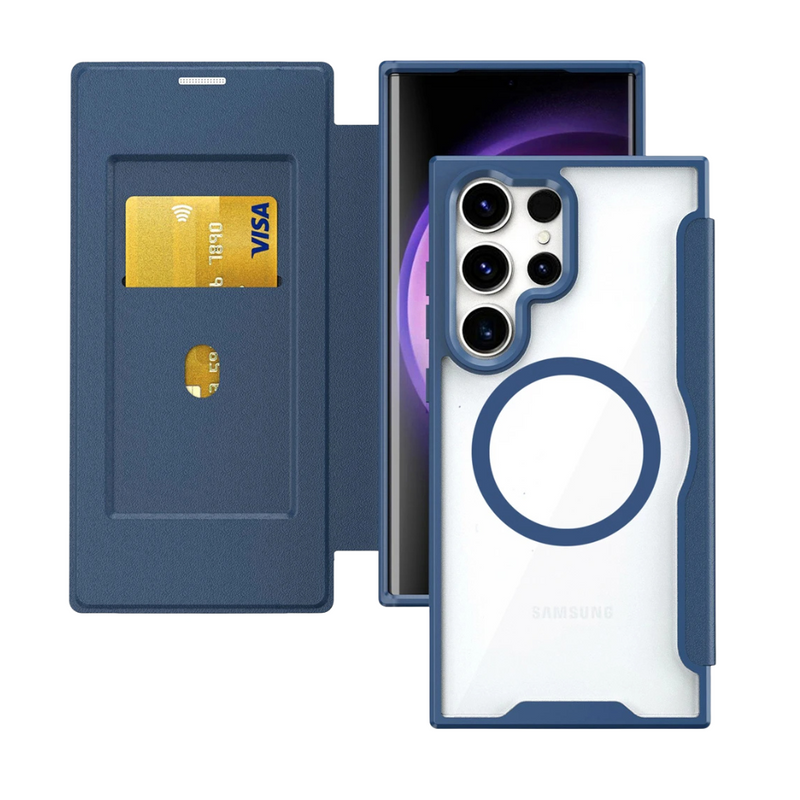 ANYMOB Samsung Case Blue Clear Magsafe Leather Flip Protective Cover