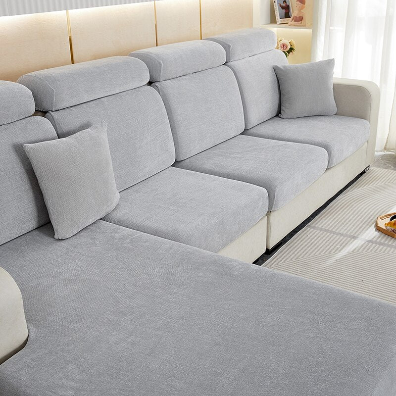 Anyseat Sofa Cover Light Gray L-Shape Polyester Chenille Thick Stretchable Cushion For Living Room Enlarge Size Small