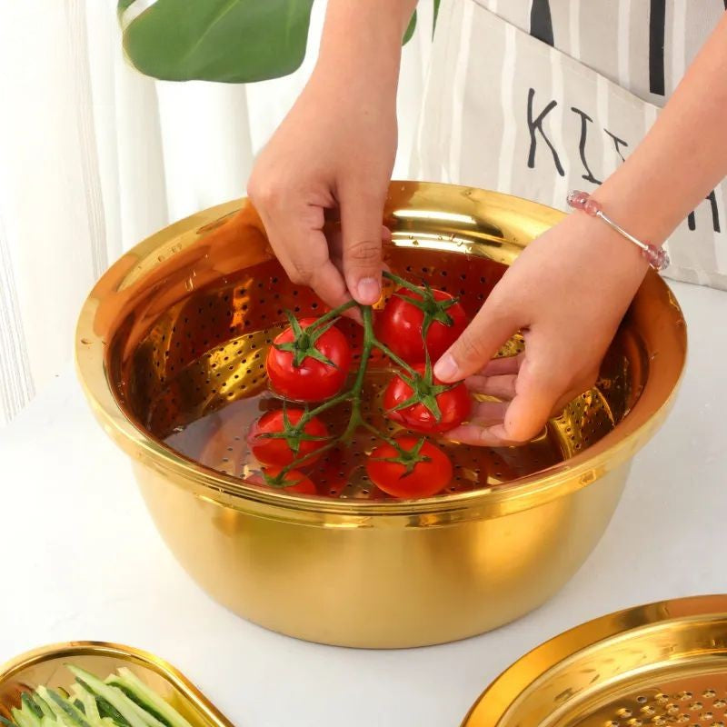 Anygleam Silver Stainless Steel Basket Strainer Bowl with Vegetable Cutter/ Slicer for Buffet and Restaurant Kitchenware