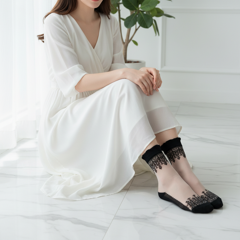 Anyfootwear 5 Pairs Size 5-9 Fashion Socks Summer Lace Embroidery Breathable Silk Transparent Glass Crystal Stretch for Women Black