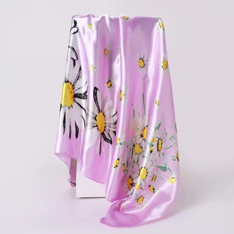 Anyyou Scarf for Women Daisy Pink Floral Printed Square Silk Shawl For Summer Spring And Fall