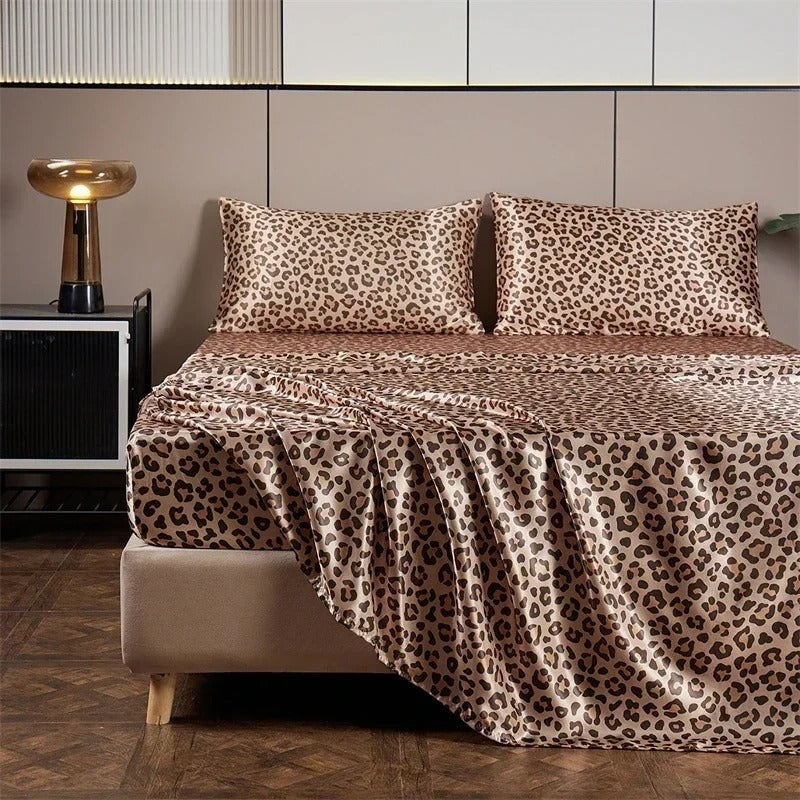 ANYHOUZ Bed Sheet Gold Leopard Print Satin Silk High End Fitted Flat Sheet