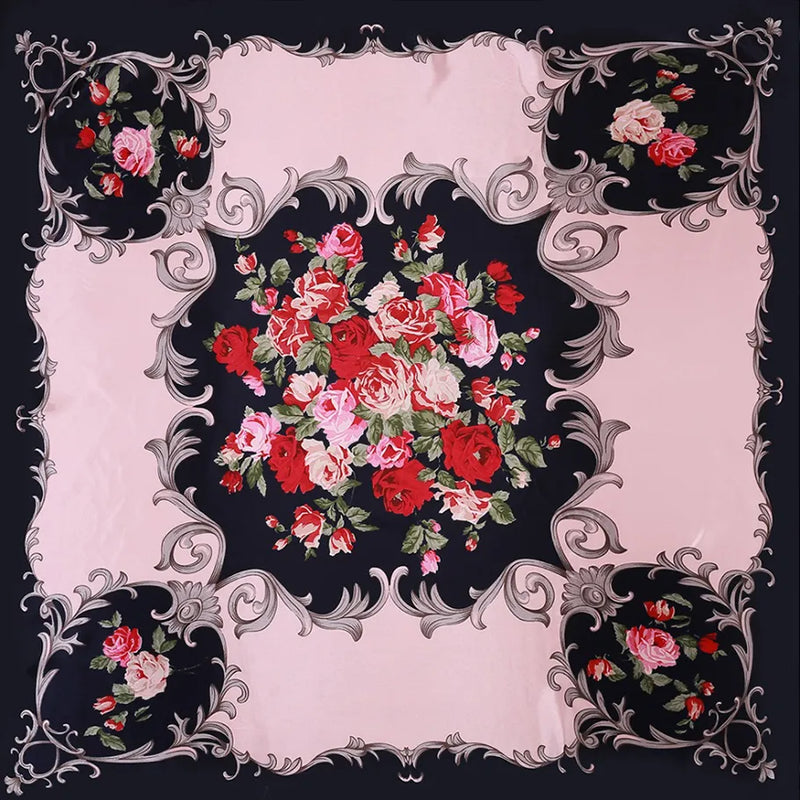 Anyyou Scarf for Women Navy Blue Gardon Floral Satin Silk Scarf Shawl Fashion Accessories Chain Flowers Pattern Autumn Winter Scarves