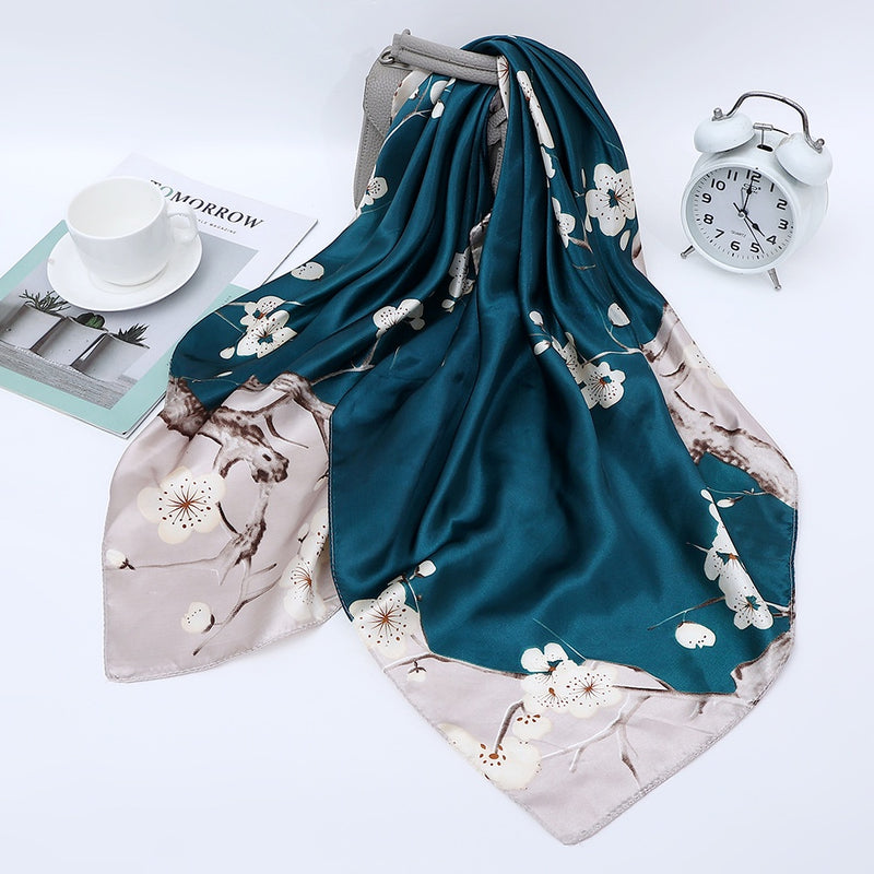 Anyyou Scarf for Women Green Grey Floral Satin Silk Shawl Fashion Accessories Chain Flowers Pattern Autumn Winter Scarves