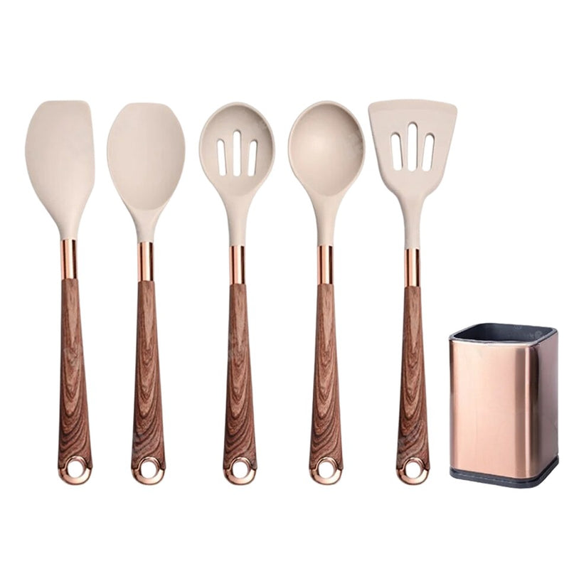 Anygleam Kitchen Utensils Non-stick Brown 5 Set Gold Plated Handle with Support Point and Storage Box Cooking Tool Accessories Heat Resistant Kitchenware