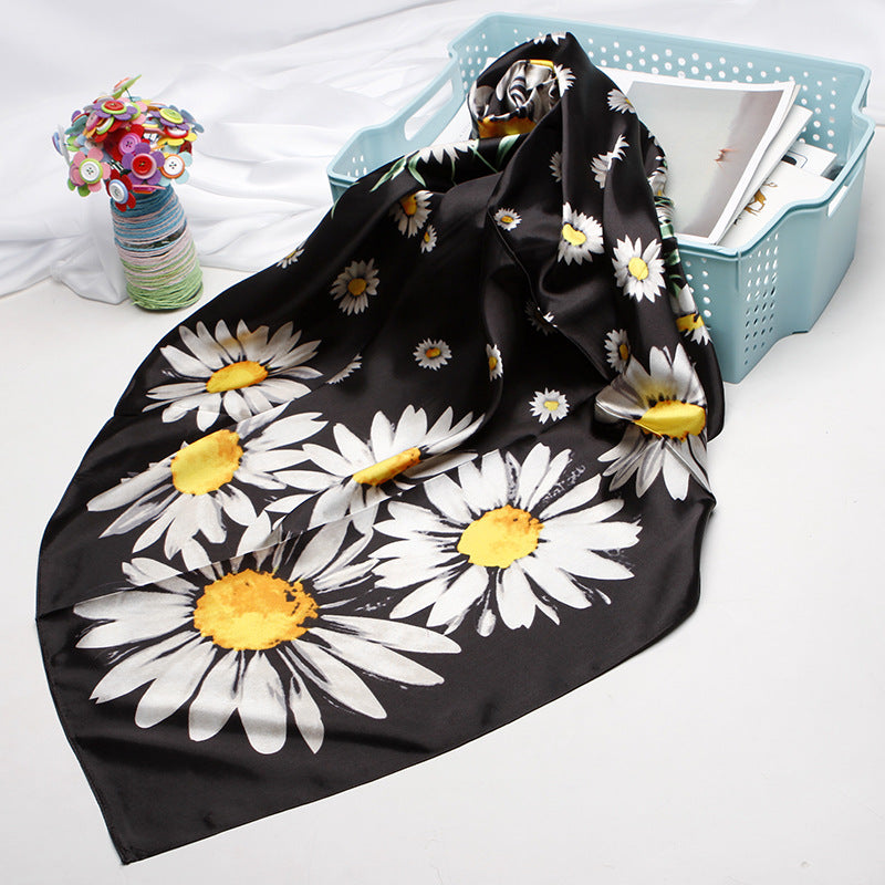 Anyyou Scarf for Women Black Daisy Silk Shawl Fashion Elegant High Quality for Spring Autumn Square Scarves 90*90cm