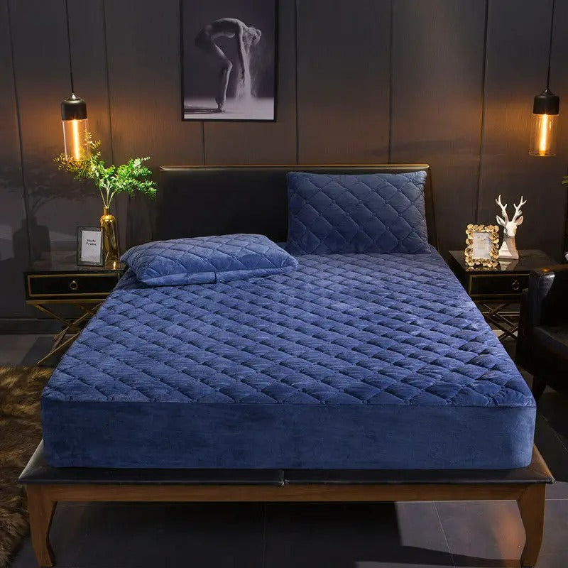 Anycozy Mattress Cover Navy Blue 200x200cm Crystal Velvet Thicken Quilted Warm Soft Plush Bed Sheet