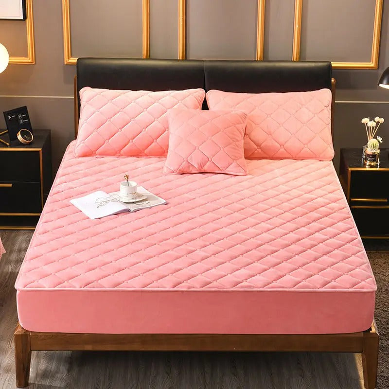 Anycozy Mattress Cover Pink Double Size Crystal Velvet Thicken Quilted Warm Soft Plush Bed Sheet