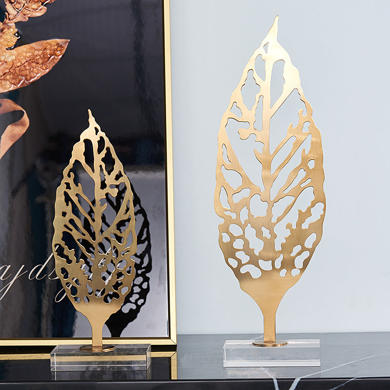ANYHOUZ Luxury Gold Metal Tabletop Decor – Leaf Sculpture for Living Room, House Display & Elegant Crafts Ornaments
