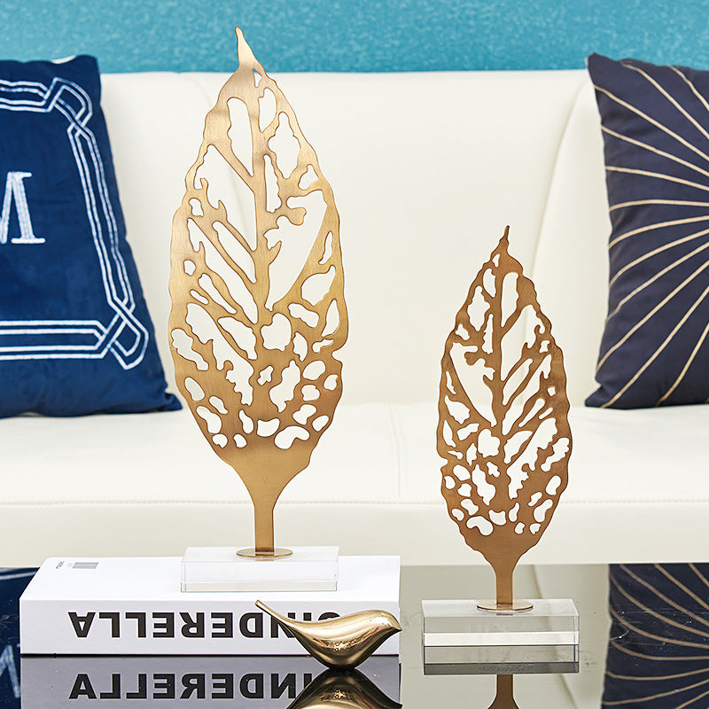ANYHOUZ Luxury Gold Metal Tabletop Decor – Leaf Sculpture for Living Room, House Display & Elegant Crafts Ornaments