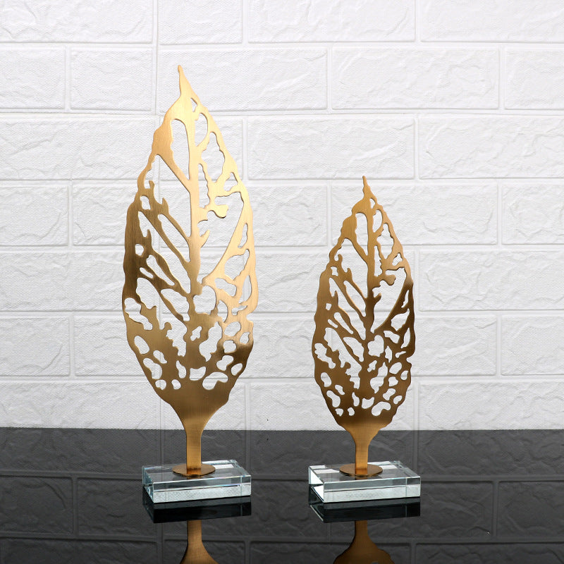 ANYHOUZ Luxury Gold Metal Tabletop Decor – Leaf Sculpture for Living Room, House Display & Elegant Crafts Ornaments