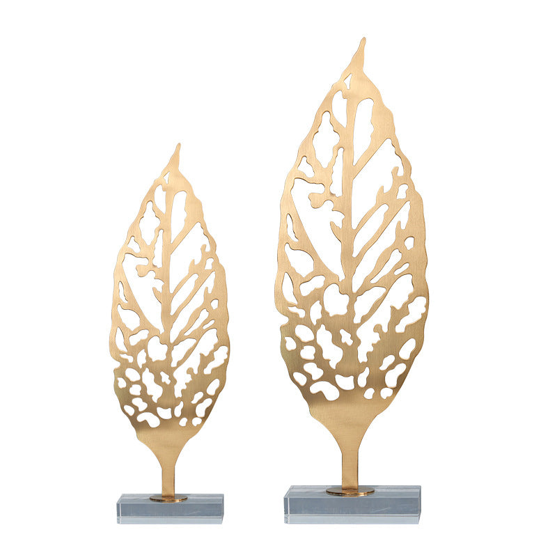 ANYHOUZ Luxury Gold Metal Tabletop Decor – Leaf Sculpture for Living Room, House Display & Elegant Crafts Ornaments