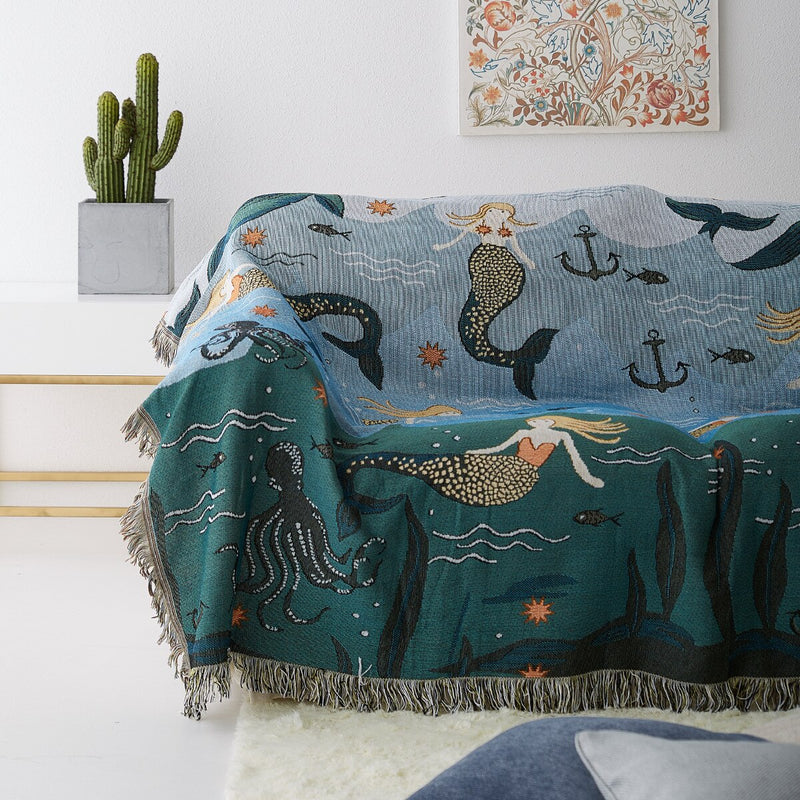 Anycozy Throw Blanket Blue Faux Cashmere Sofa Cover Mermaid Pattern Tassel Soft Picnic Camping Mat 180*230cm