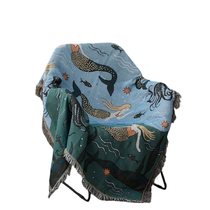 Anycozy Throw Blanket Blue Faux Cashmere Sofa Cover Mermaid Pattern Tassel Soft Picnic Camping Mat130*160cm