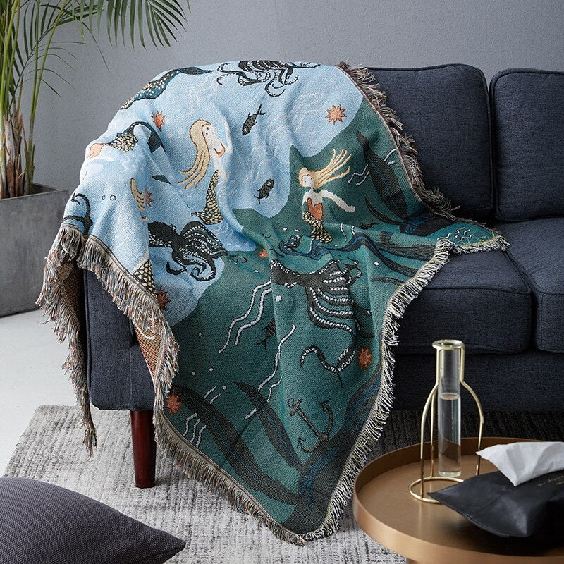Anycozy Throw Blanket Blue Faux Cashmere Sofa Cover Mermaid Pattern Tassel Soft Picnic Camping Mat 180*230cm