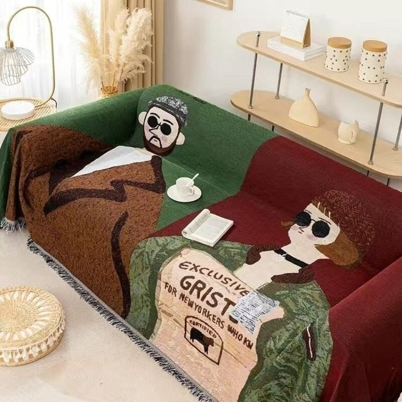 Anycozy Throw Blanket Brown Faux Cashmere Sofa Cover Human Cartoons Tassel Soft Picnic Camping Mat  180*260cm