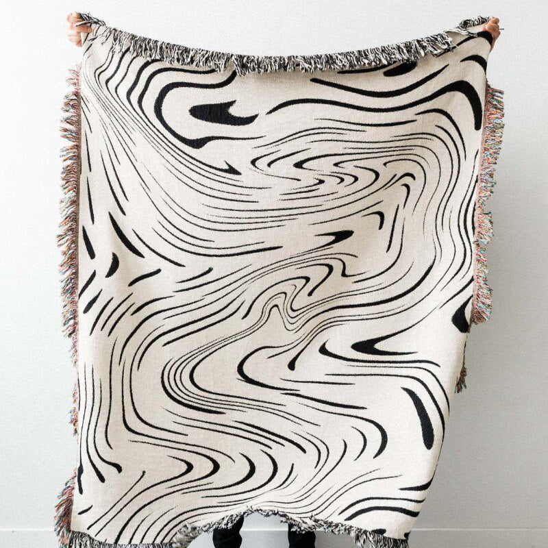 Anycozy Throw Blanket Faux Cashmere Sofa Cover Black Water Waves Pattern Tassel Soft Picnic Camping Mat 130*160cm