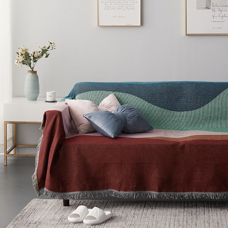 Anycozy Faux Cashmere Throw Blanket – Abstract Rainbow Wave Pattern Sofa Cover with Tassels, Soft Home Decor Accent
