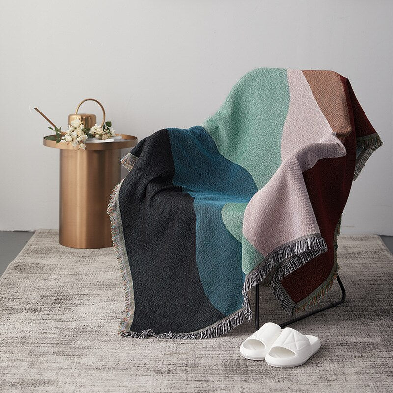 Anycozy Faux Cashmere Throw Blanket – Abstract Rainbow Wave Pattern Sofa Cover with Tassels, Soft Home Decor Accent