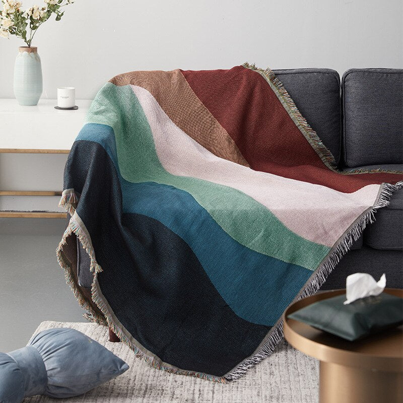 Anycozy Faux Cashmere Throw Blanket – Abstract Rainbow Wave Pattern Sofa Cover with Tassels, Soft Home Decor Accent