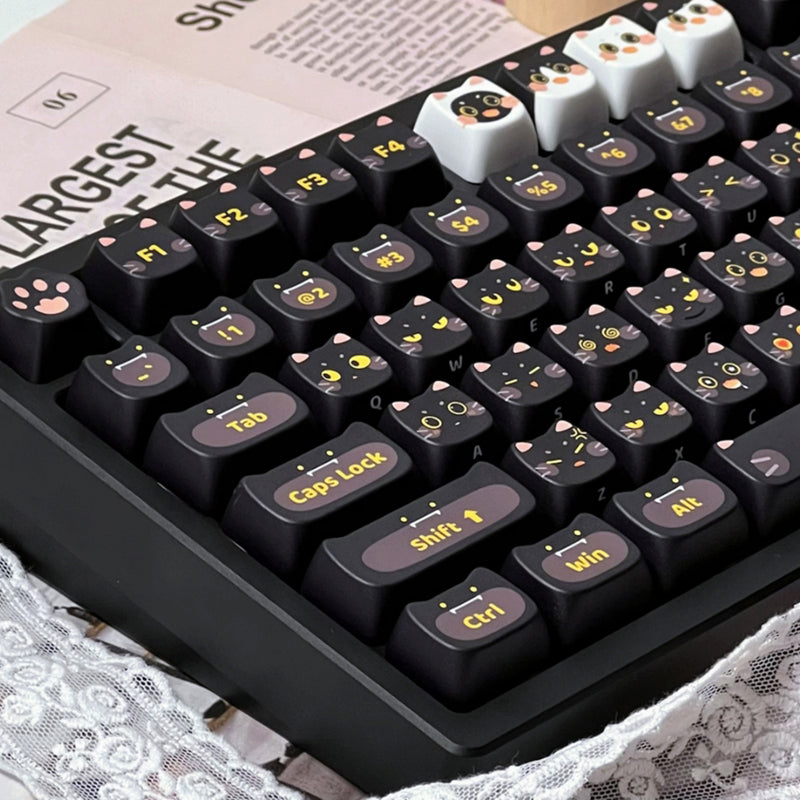ANYMOB Keycap Keyboard Black Cat 142 Keys Profile Black Cute Naughty Cat Switch Theme Layout