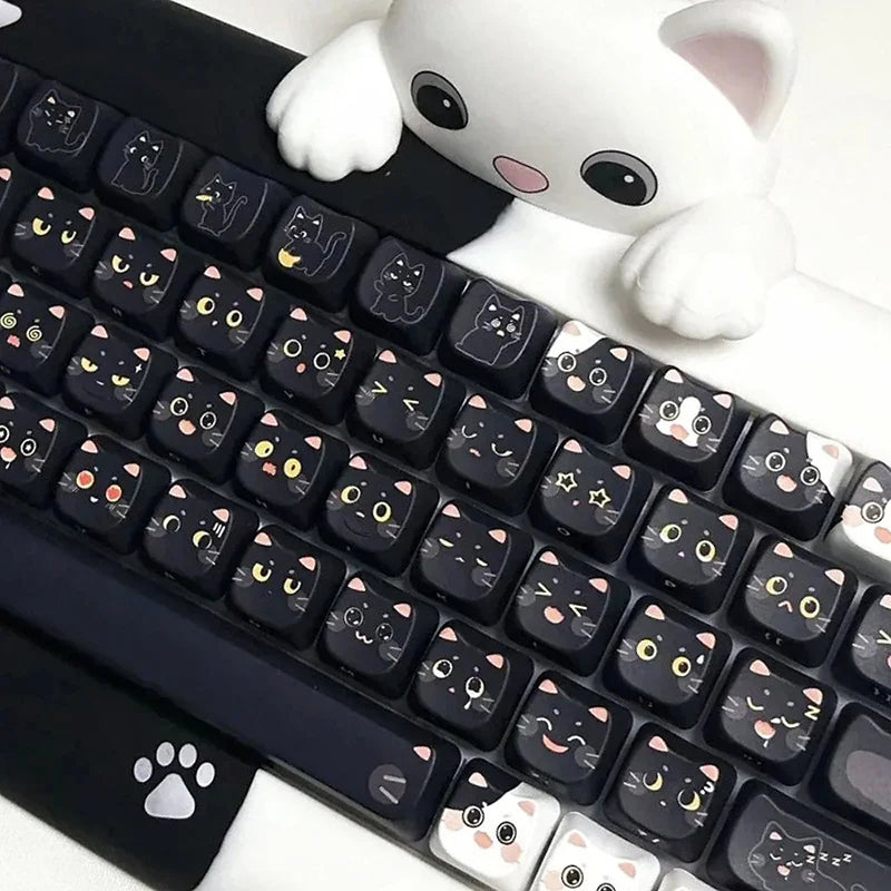 ANYMOB Keycap Keyboard Black Cat 142 Keys Profile Black Cute Naughty Cat Switch Theme Layout
