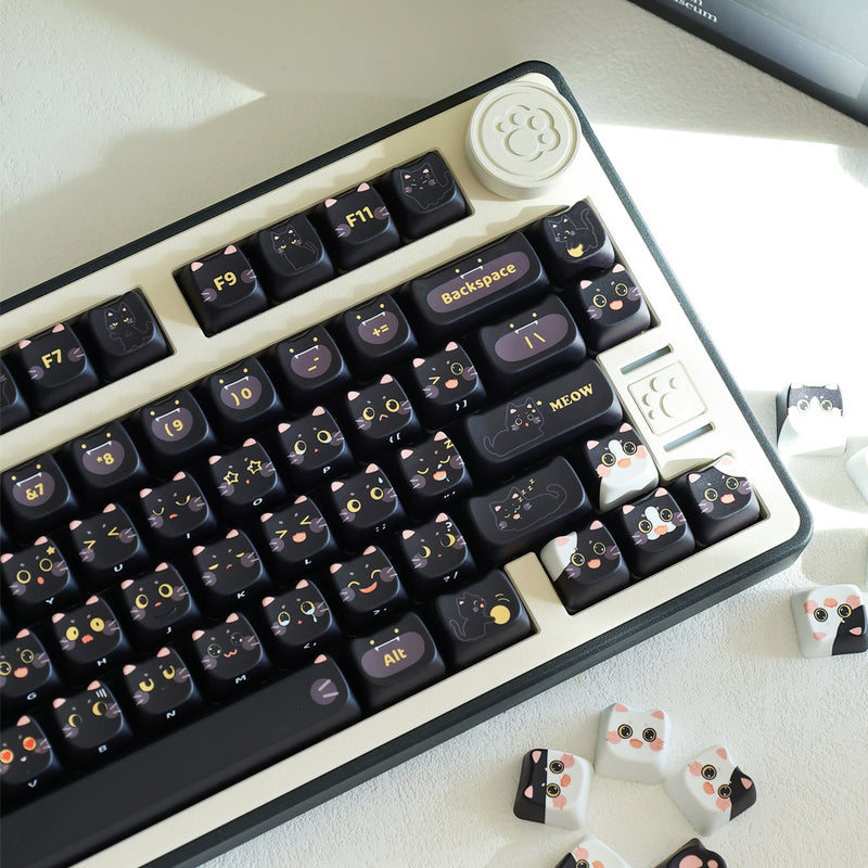 ANYMOB Keycap Keyboard Black Cat 142 Keys Profile Black Cute Naughty Cat Switch Theme Layout