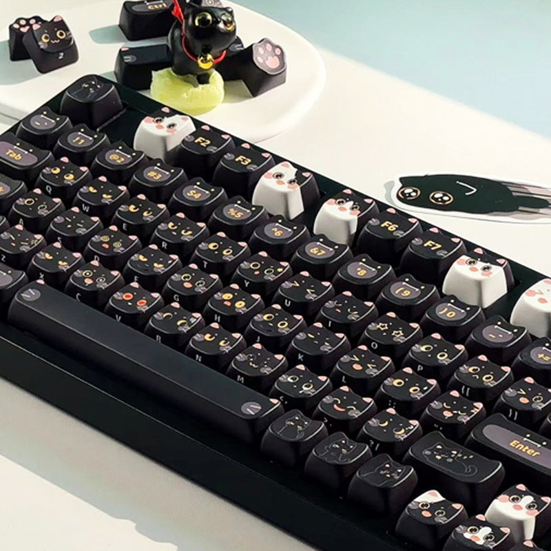 ANYMOB Keycap Keyboard Black Cat 142 Keys Profile Black Cute Naughty Cat Switch Theme Layout