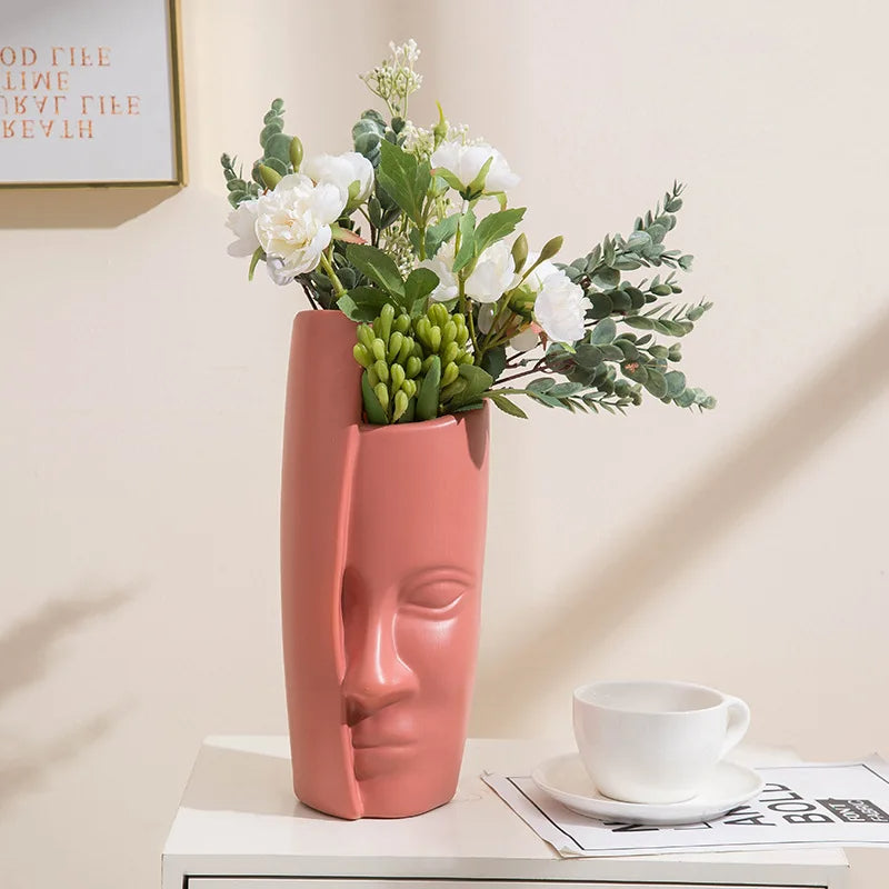 ANYDECO Flower Vase Pink Large Half Face Nordic Plastic Pot Table Decor