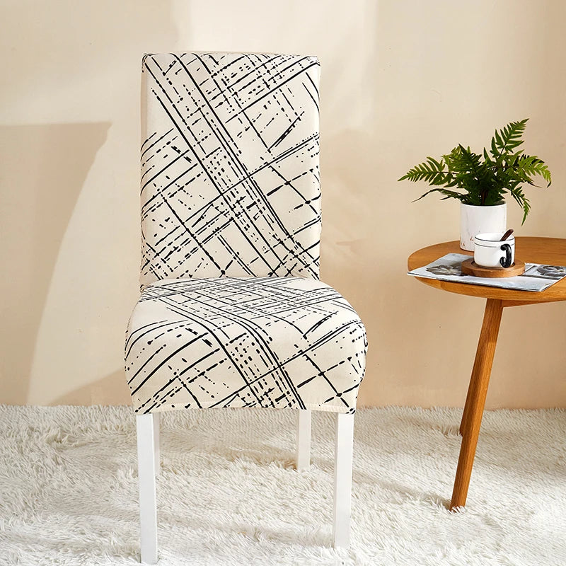 Anyseat  Chair Cover Beige With Black Sketch Elastic Slipcover Dining Decor