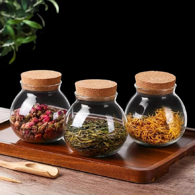 Anygleam Condiments Container Round Glass Jar Storage with Cork Lid Kitchen Organizer