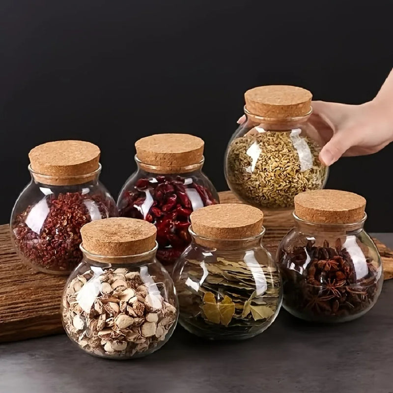 Anygleam Condiments Container Round Glass Jar Storage with Cork Lid Kitchen Organizer
