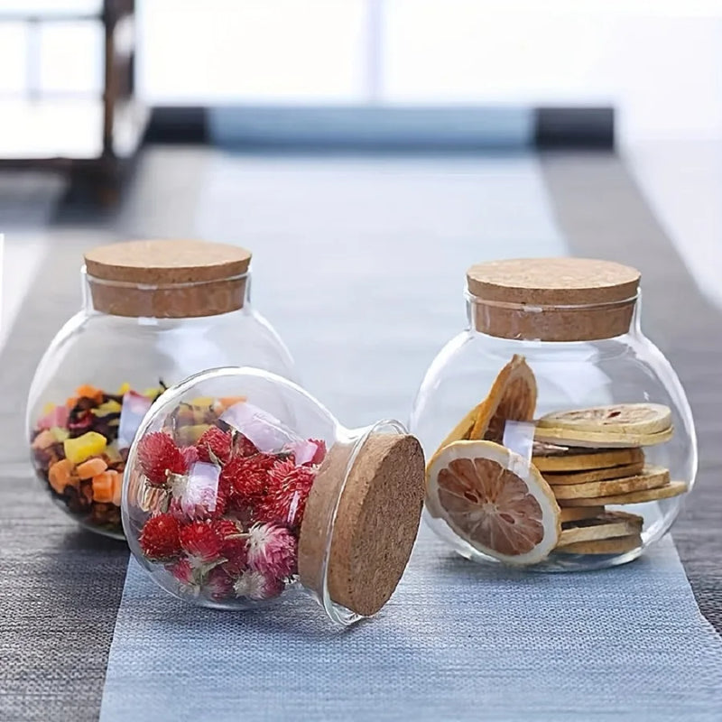 Anygleam Condiments Container Round Glass Jar Storage with Cork Lid Kitchen Organizer