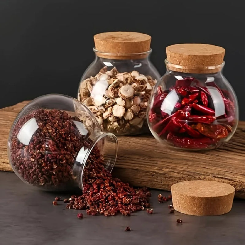 Anygleam Condiments Container Round Glass Jar Storage with Cork Lid Kitchen Organizer