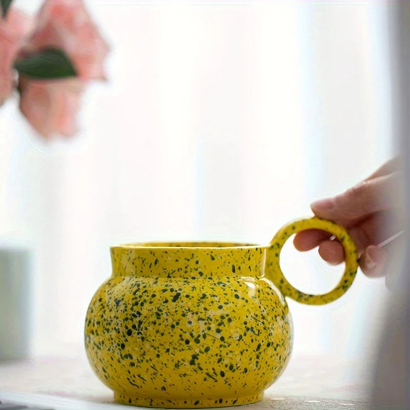 ANYGLEAM Coffee Mug Yellow With Handle Ink Design Ceramic Drinkware