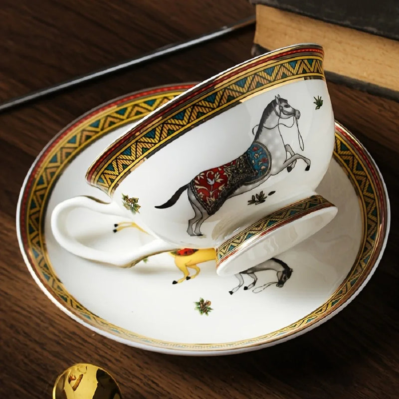 Anygleam Tea Cup White With Saucer Gold Spoon Running Horse Design Vintage Drinkware