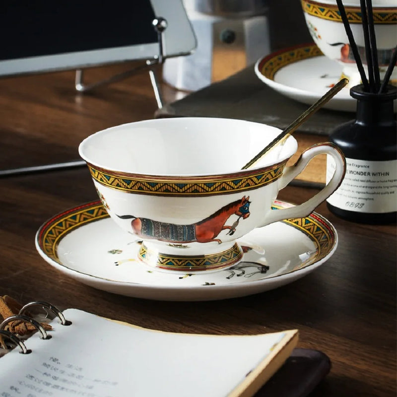 Anygleam Tea Cup White With Saucer Gold Spoon Running Horse Design Vintage Drinkware