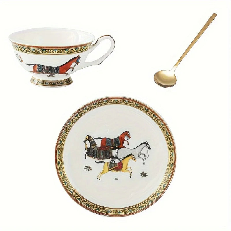Anygleam Tea Cup White With Saucer Gold Spoon Running Horse Design Vintage Drinkware