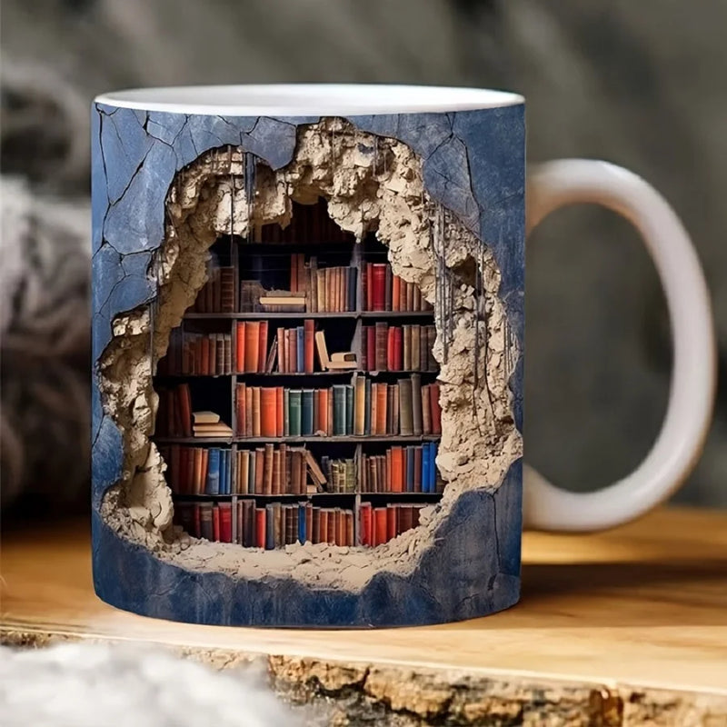 ANYGLEAM Coffee Mug Blue 3D Bookshelf Print Ceramic Drinkware