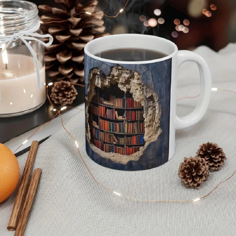 ANYGLEAM Coffee Mug Blue 3D Bookshelf Print Ceramic Drinkware