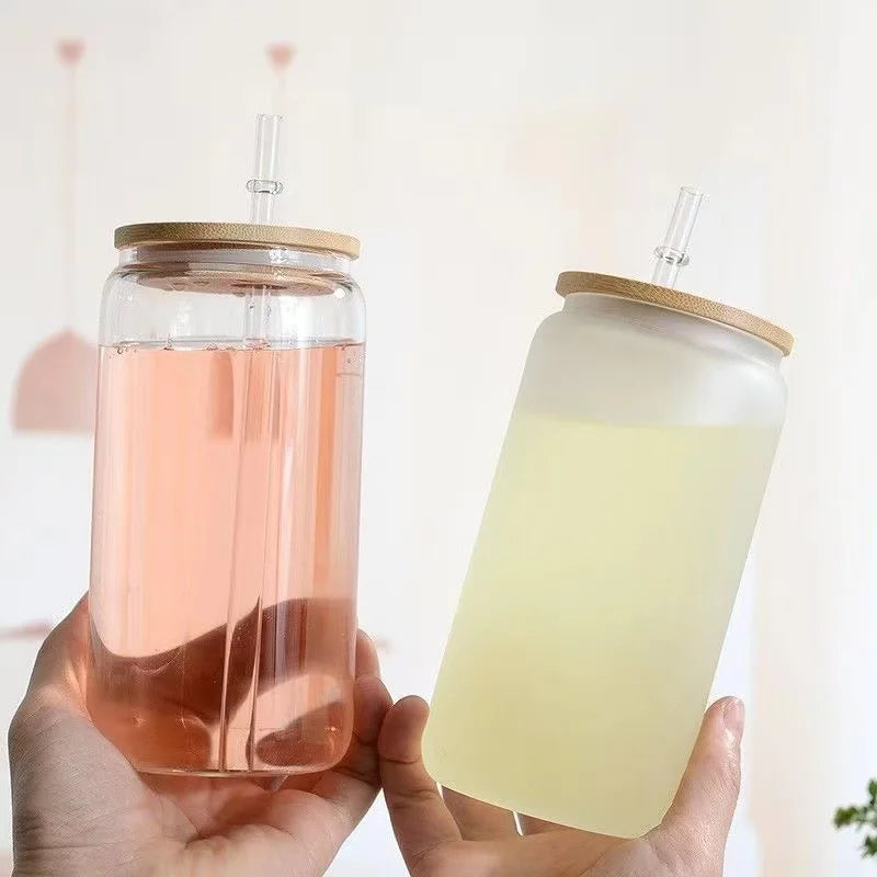 ANYGLEAM Glass Tumbler With Straw Wooden Lid Transparent Ins Style Drinkware