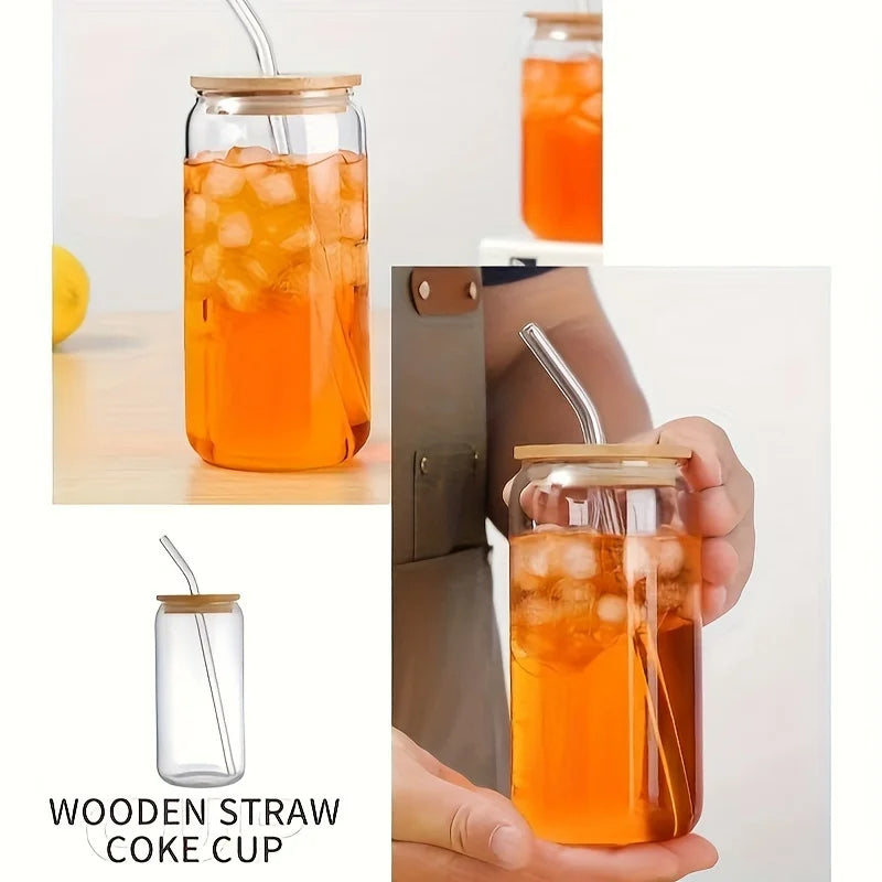 ANYGLEAM Glass Tumbler With Straw Wooden Lid Transparent Ins Style Drinkware