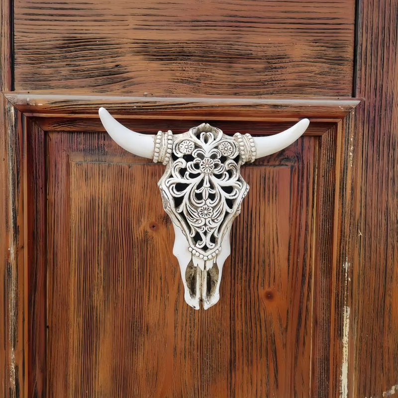 ANYDECO Figurine Retro Resin Longhorn Cow Head Sculpture Hanging Ornament Wall Decor