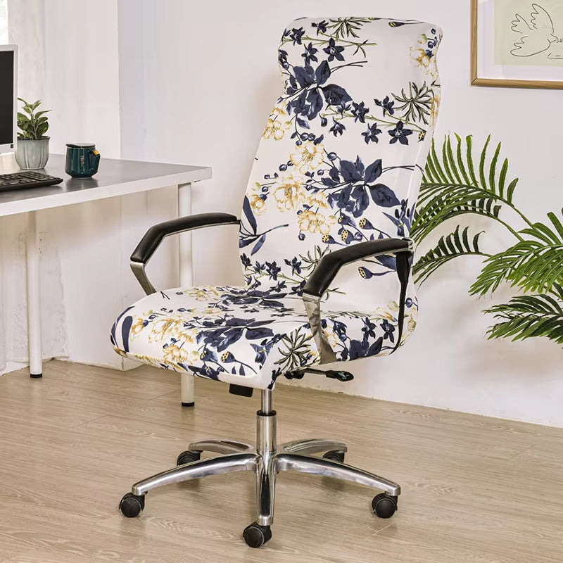 Anyseat Office Chair Cover White Floral Print with Zipper Elastic Stretchable High Back Protector Slipcover