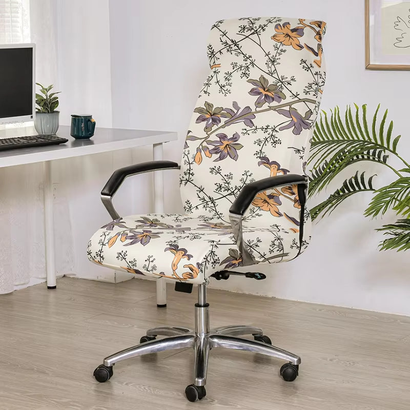 Anyseat Office Chair Cover Off White Floral With Zipper Elastic Stretchable High Back Protector Slipcover