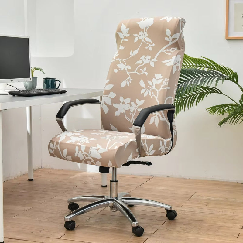 Anyseat Office Chair Cover Beige White Floral Print with Zipper Elastic Stretchable High Back Protector Slipcover